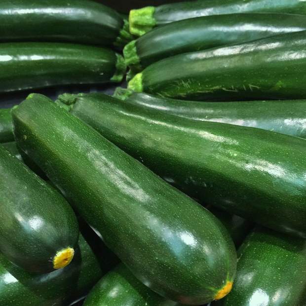 A large pile of glossy dark green zucchini squash fruit